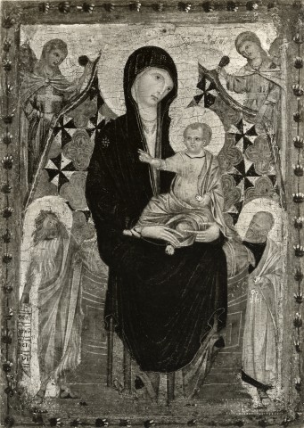 Anonimo — Anonimo fiorentino influenzato da Cimabue - sec. XIII - Madonna con Bambino in trono tra san Giovanni Battista, san Pietro e angeli — insieme
